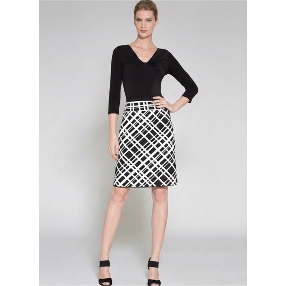 ANNE KLEIN Black White Geometric Skirt Twist Front Top Career Dress Women Size 4